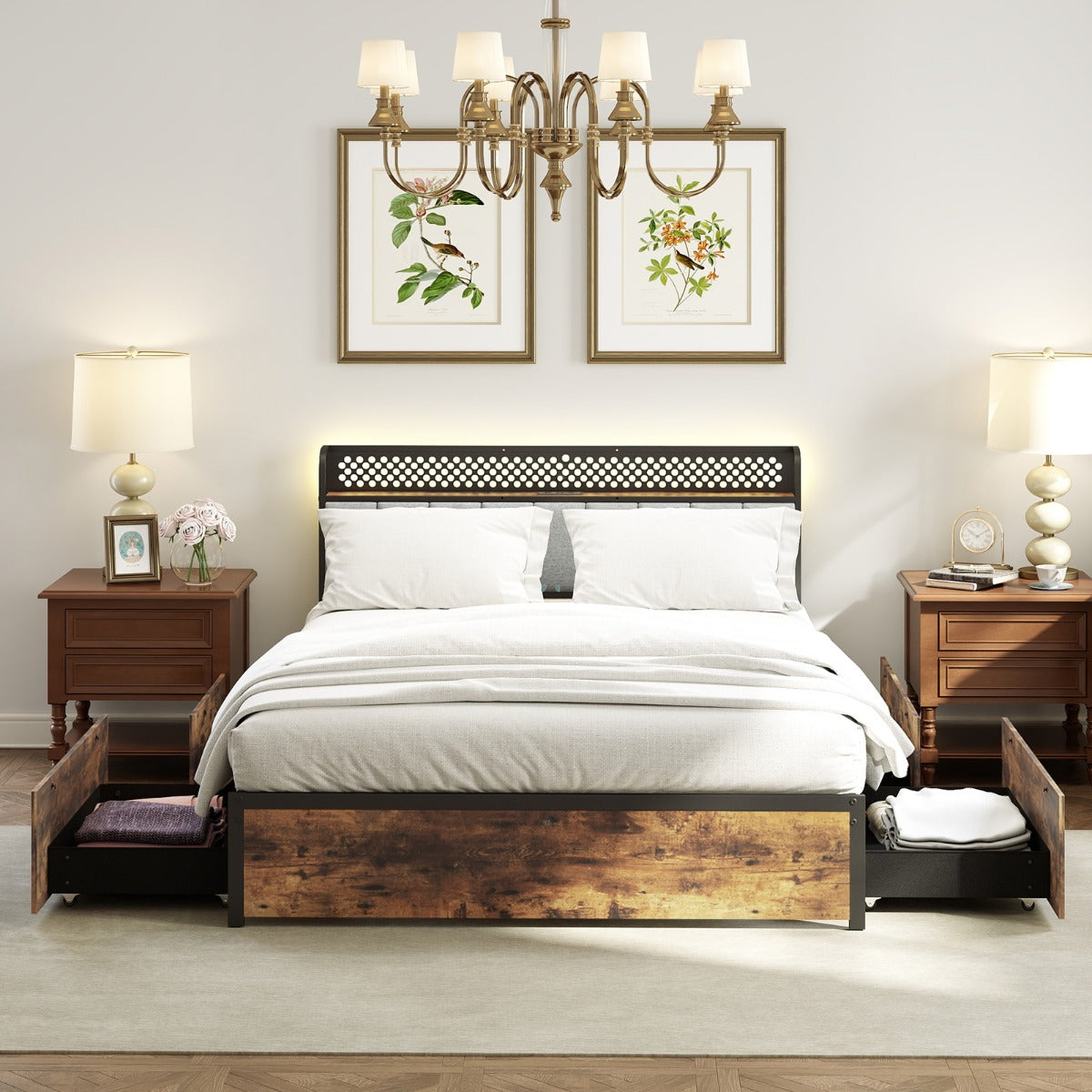 Industrial Metal Platform Bed with LED Lights and USB Power Outlets -Double Size