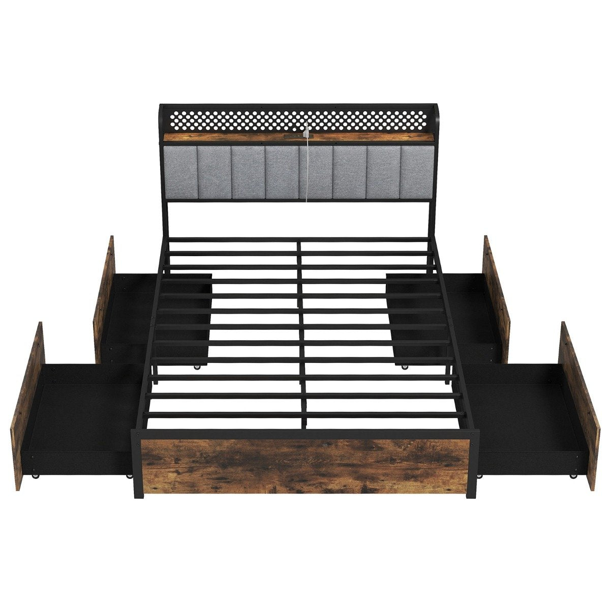 Industrial Metal Platform Bed with LED Lights and USB Power Outlets -King Size
