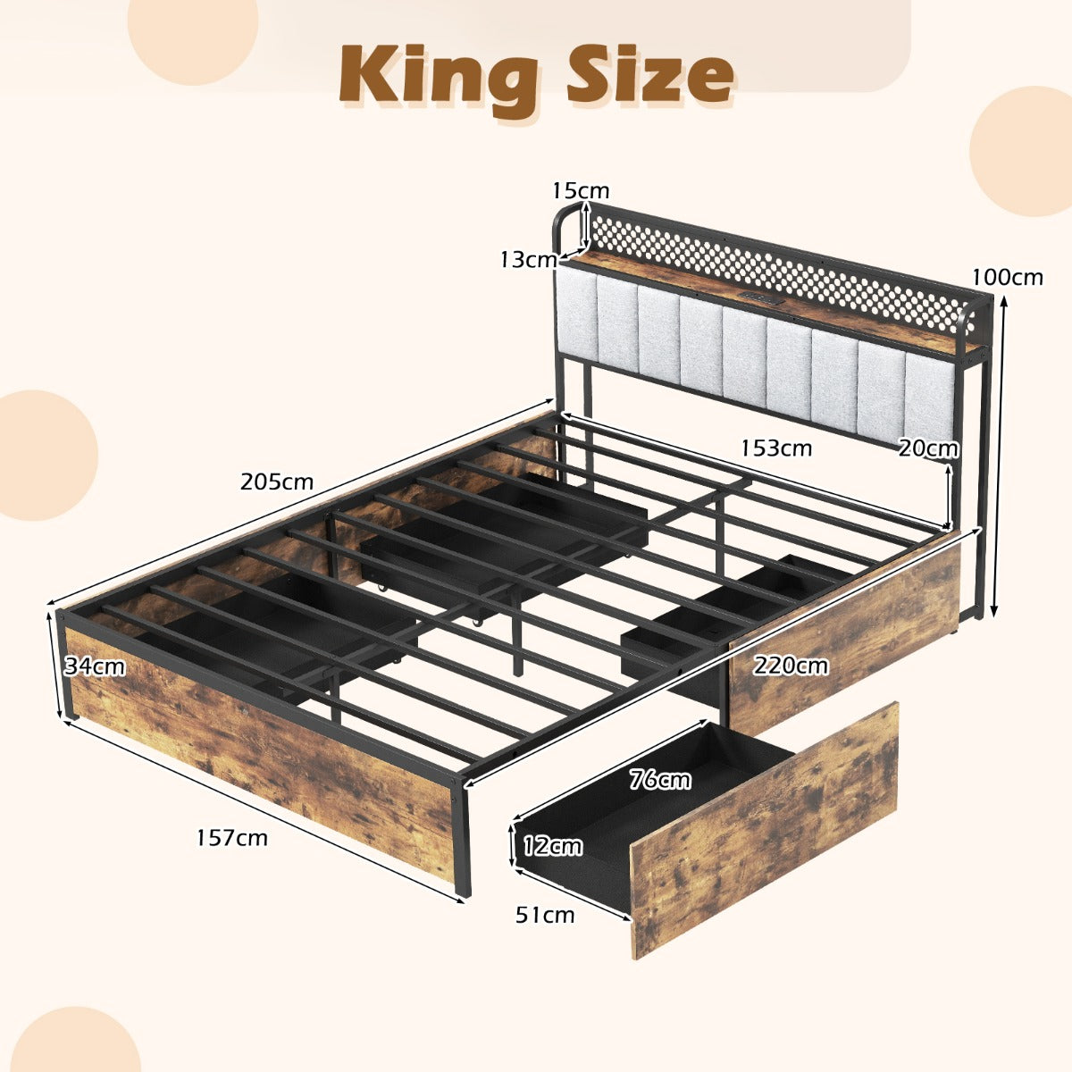 Industrial Metal Platform Bed with LED Lights and USB Power Outlets -King Size