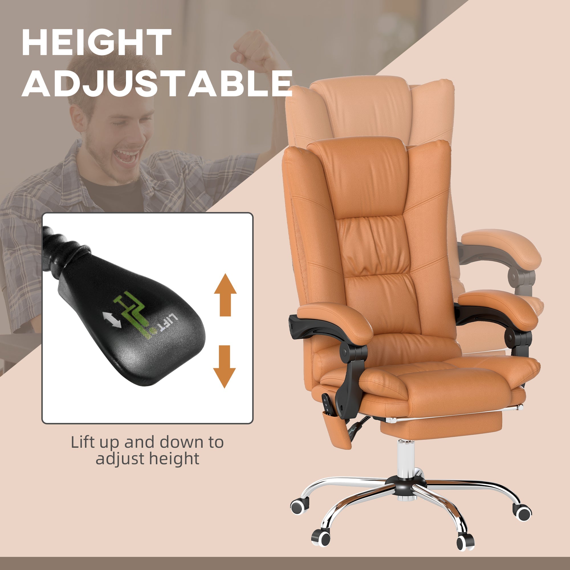 Vinsetto High Back Vibration Massage Office Chair, Heated Reclining PU Leather Computer Chair with 135√Ç¬∞ Reclining Back and Footrest, Light Brown