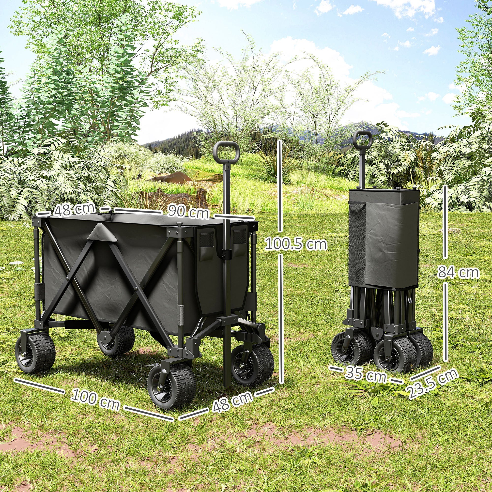 Outsunny Folding Garden Trolley, Cargo Traile on Wheels, Collapsible Camping Trolley, Outdoor Utility Wagon, Dark Grey