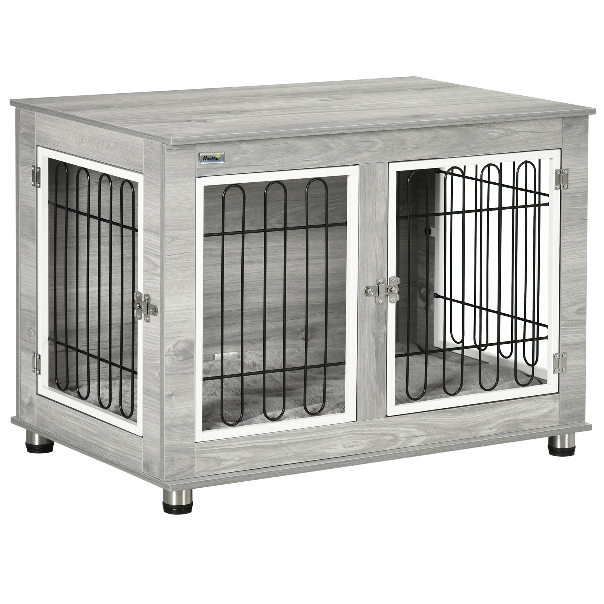 PawHut Dog Crate Furniture End Table, with Washable Cushion, Double Doors, for Medium/Large Dogs, Grey