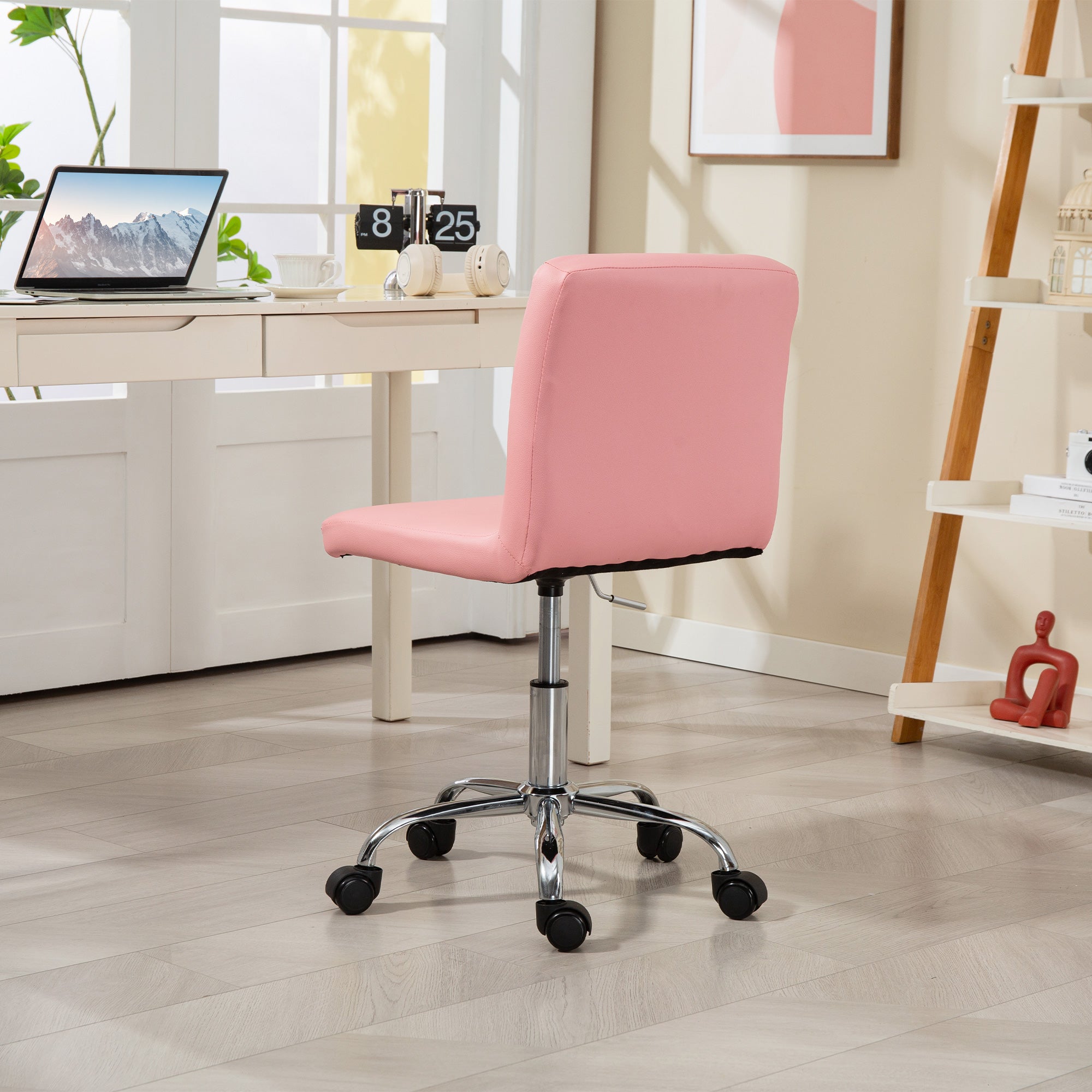 HOMCOM PU Leather Armless Office Chair, Modern Vanity Computer Swivel Chair with Rolling Wheels and Adjustable Height for Home Study, Bedroom, Pink