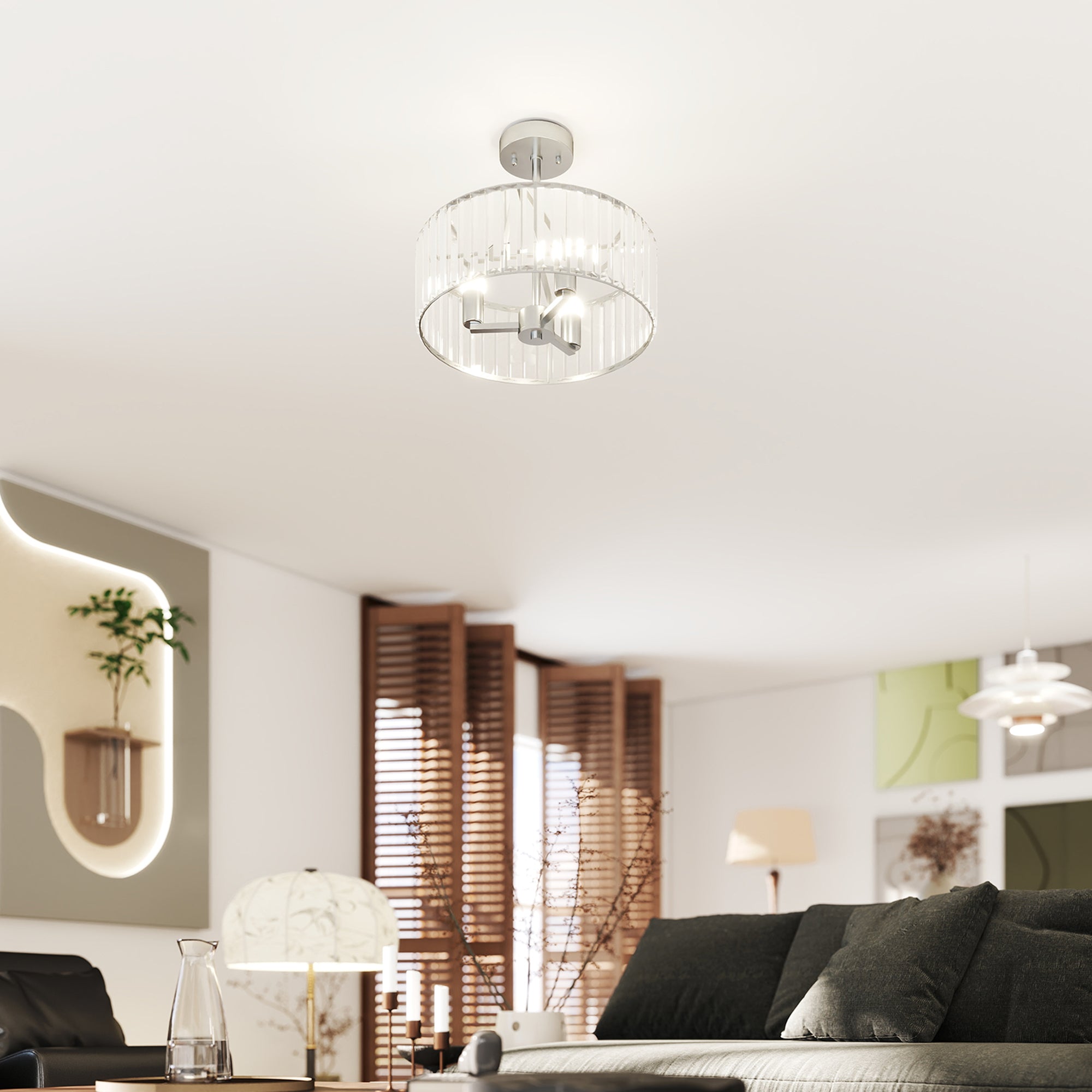 HOMCOM Crystal Ceiling Light Fixture, Semi Flush Mount Modern Crystal Chandelier Ceiling Light for Living Room, Bedroom, Hallway, Dining Room, E14 Base 3-Lights, Silver Tone
