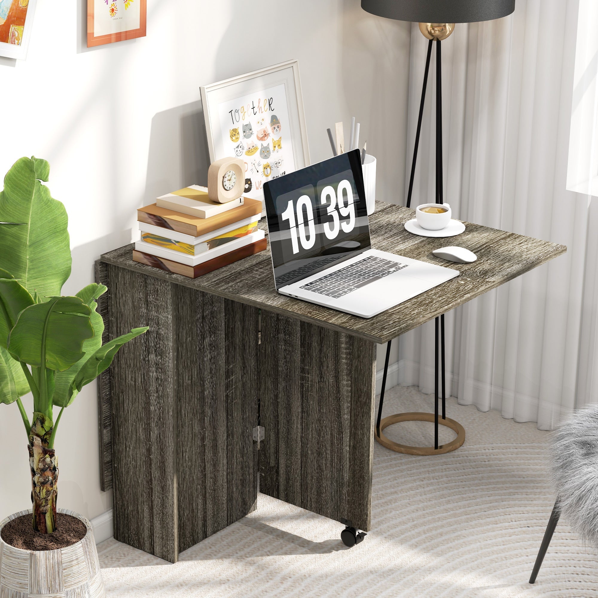 HOMCOM Folding Dining Table, Drop Leaf Table with 2-Tier Shelves, Rolling Casters, for Small Spaces, Kitchen, Grey