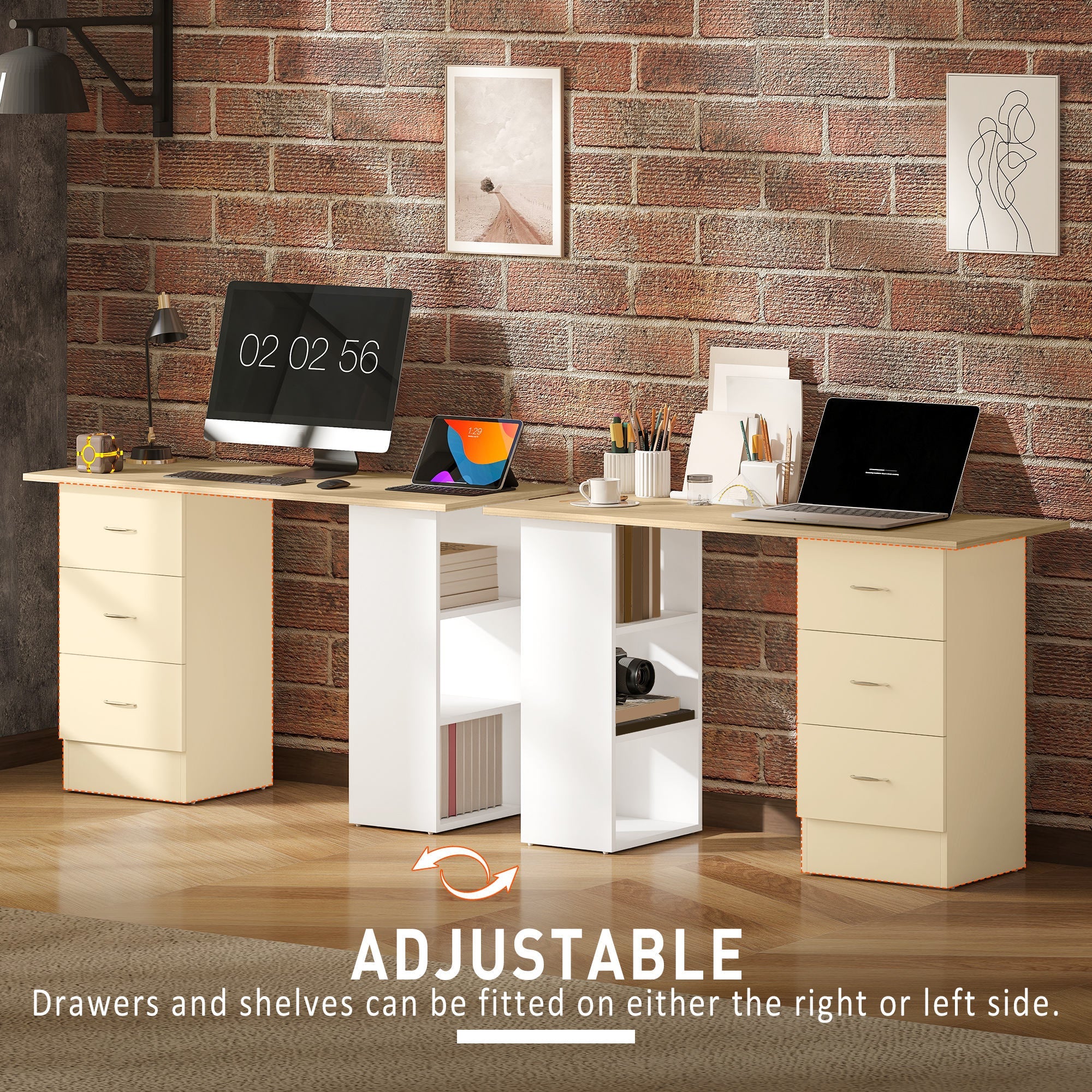 HOMCOM Computer Desk, Writing Table, PC Workstation with 3 Storage Shelves and Drawers, Silver Handle, for Home Office, Natural Wood Finish and White