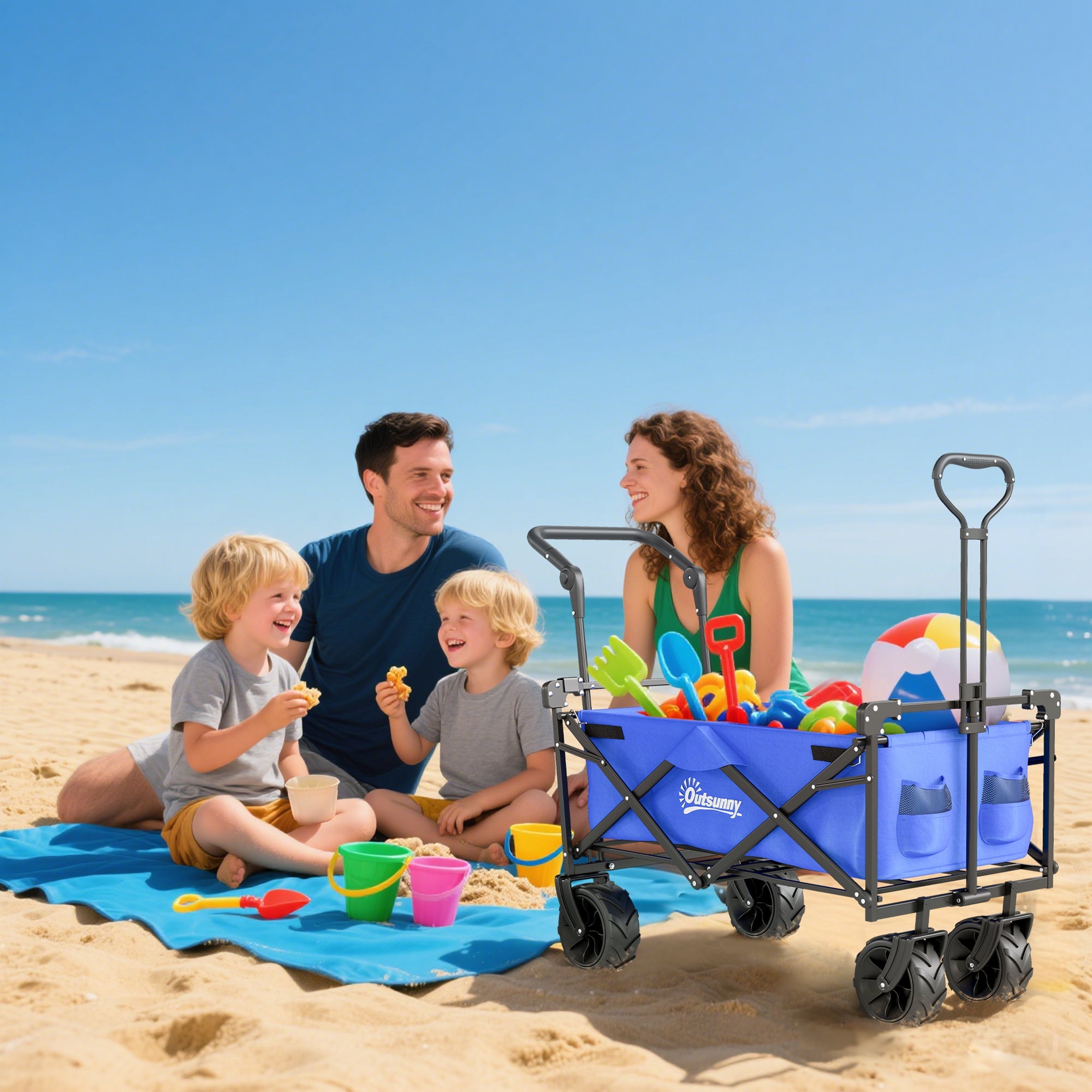 Outsunny Folding Trolley Cart Storage Wagon Beach Trailer 4 Wheels with Handle Overhead Canopy Cart Push Pull for Camping, Blue