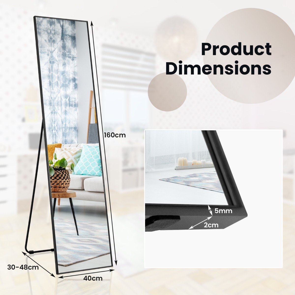 160 x 40cm Full Length Mirror with Shatter-proof Glass-Black