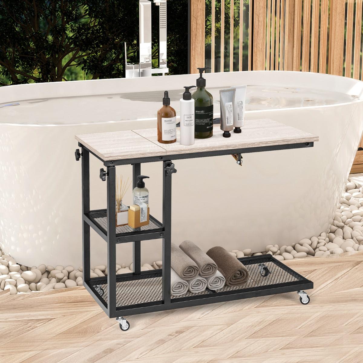 Mobile Couch Side Table with Height Adjustable Storage-Natural