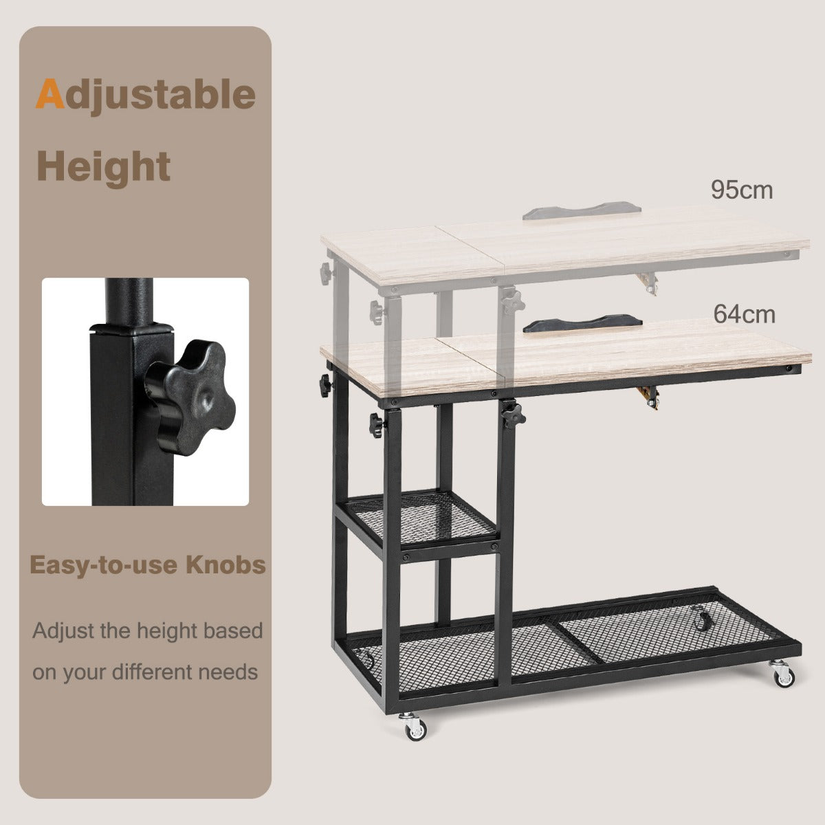 Mobile Couch Side Table with Height Adjustable Storage-Natural