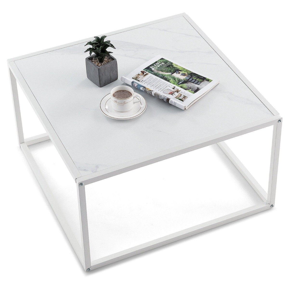 Modern Square Leisure Coffee Table with Faux Marble Tabletop-White