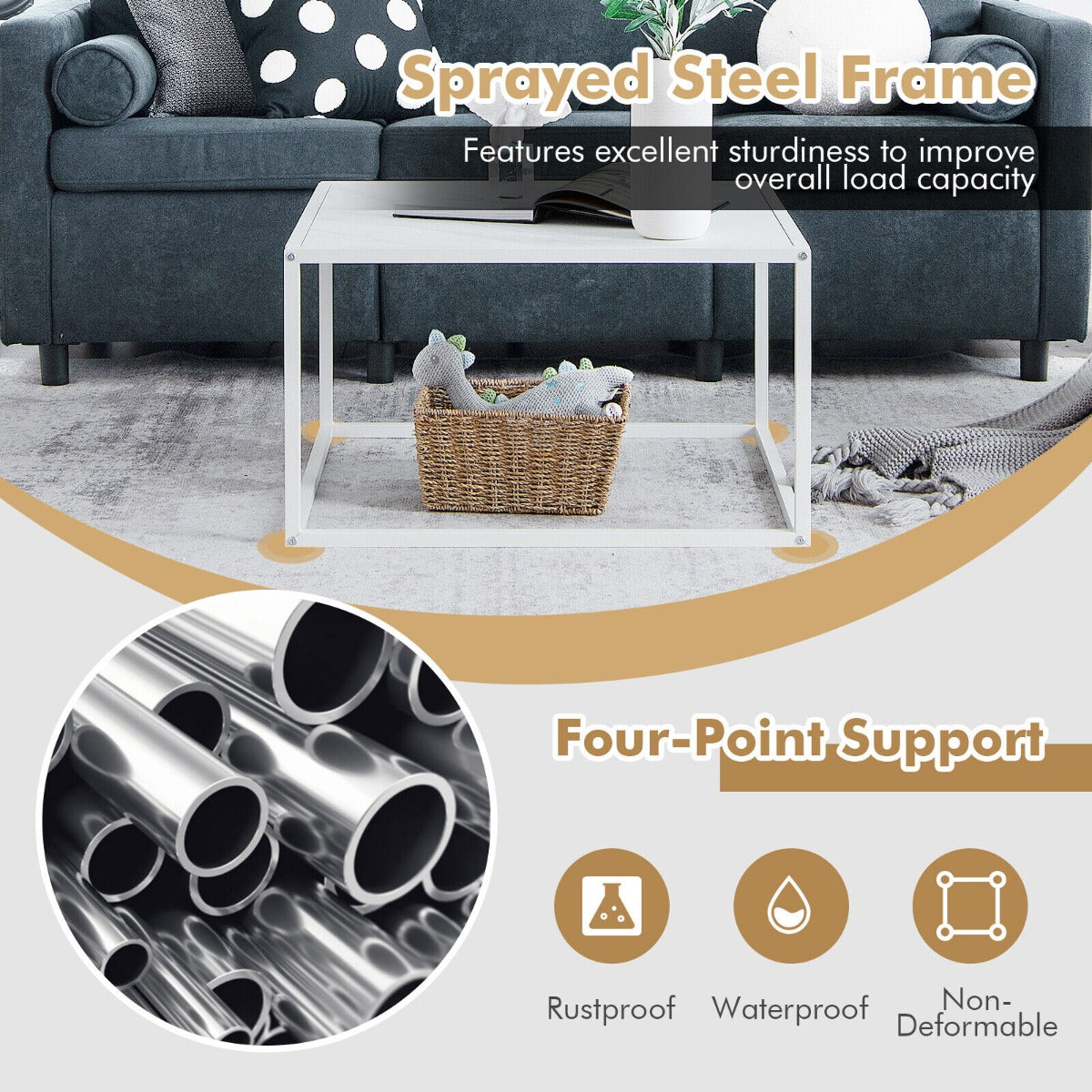 Modern Square Leisure Coffee Table with Faux Marble Tabletop-White