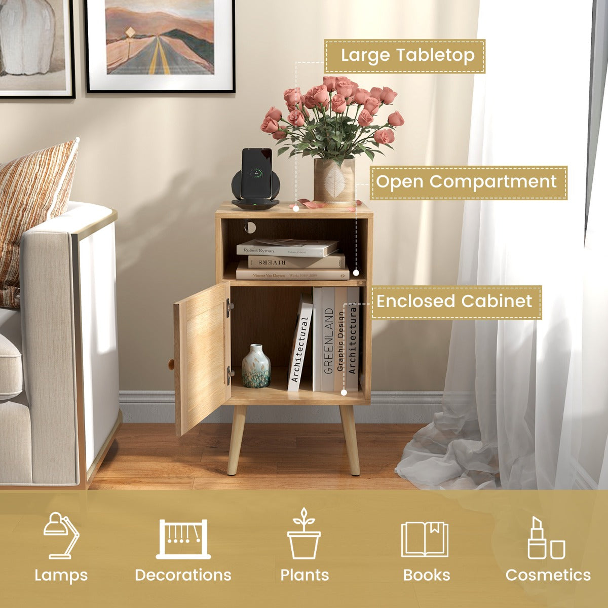 Rattan Nightstand with Storage and PE Rattan Decorated Door-Natural