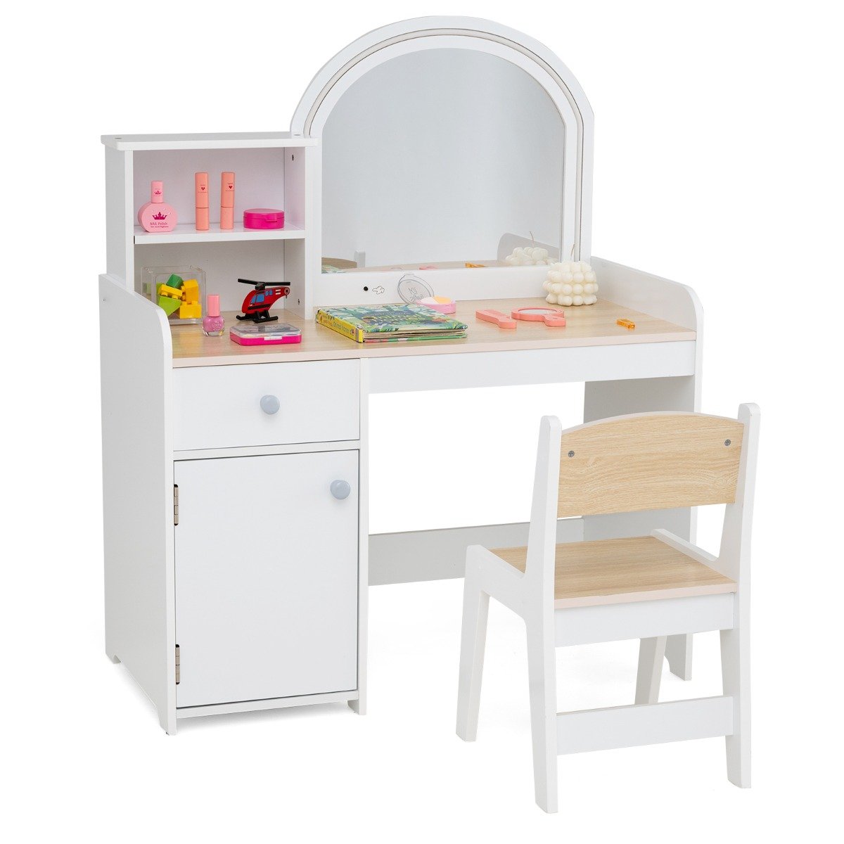 Kids Vanity Table and Chair Set with Shelves Drawer and Cabinet-Natural & White