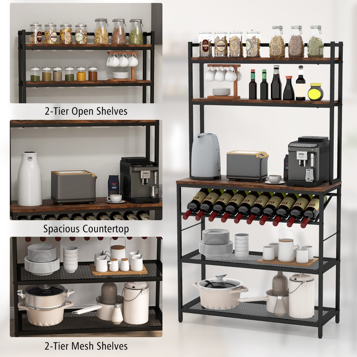 6-Tier Kitchen Baker‚Äôs Rack with Wine Storage-Brown