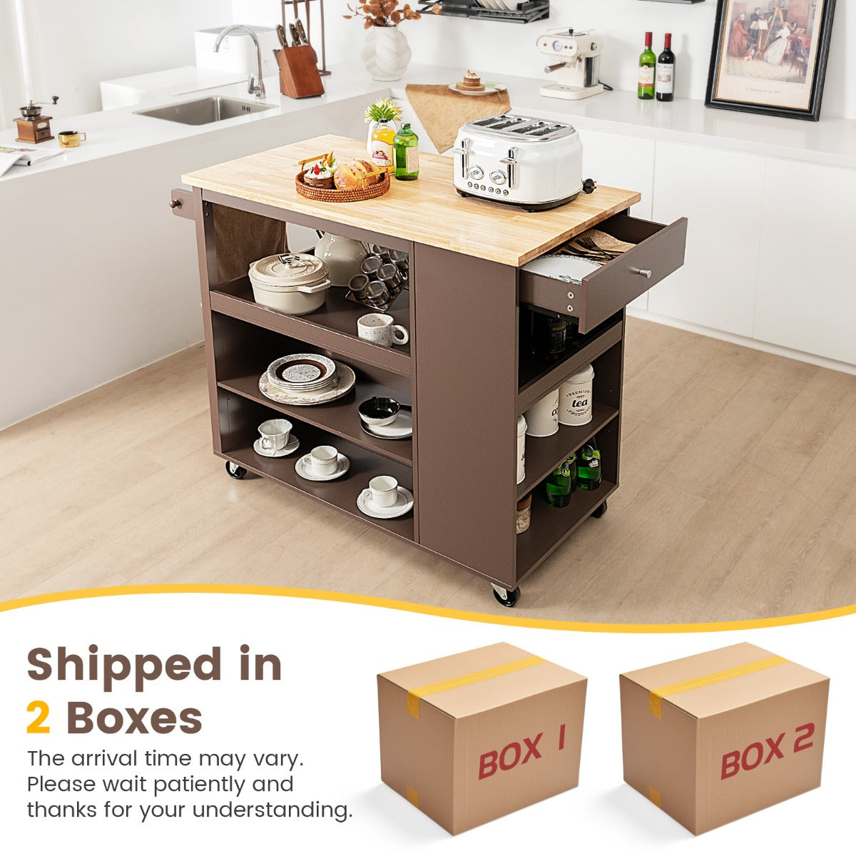 Mobile Serving Trolley Cart with Rubber Wood Top and Drawer-Brown