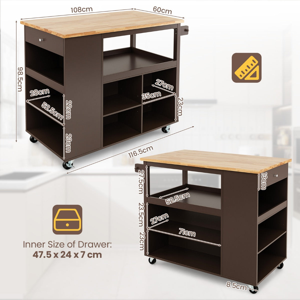 Mobile Serving Trolley Cart with Rubber Wood Top and Drawer-Brown