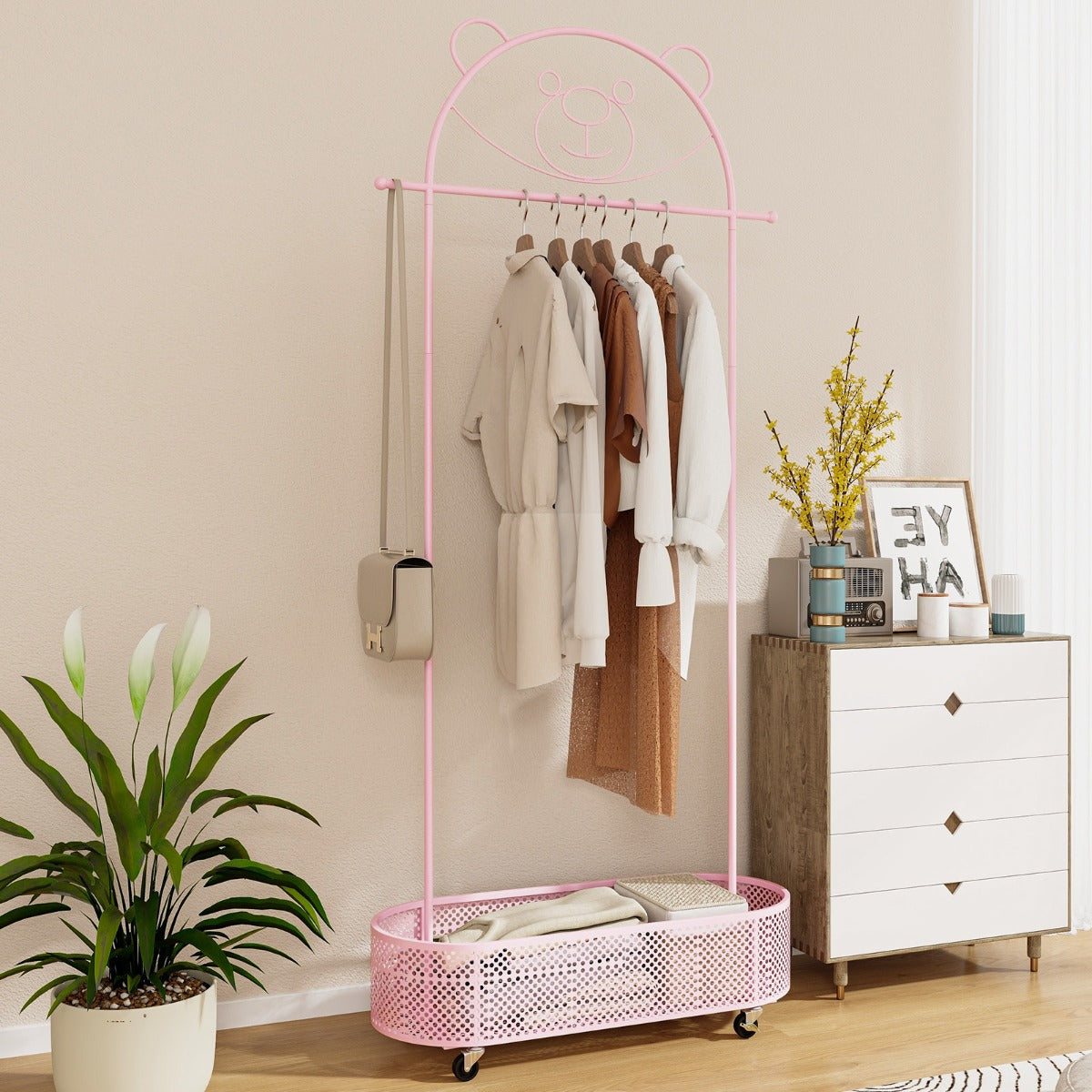 Kid Clothes Rack with 3 Adjustable Heights for Children Adults-Pink