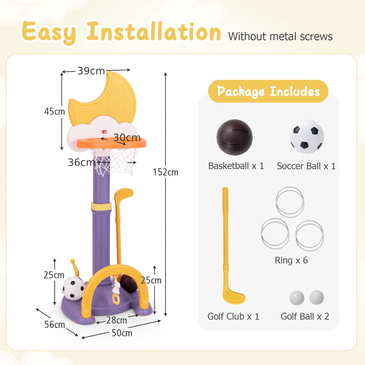 4-In-1 Kids Basketball Hoop with Adjustable Height for Kids-Yellow