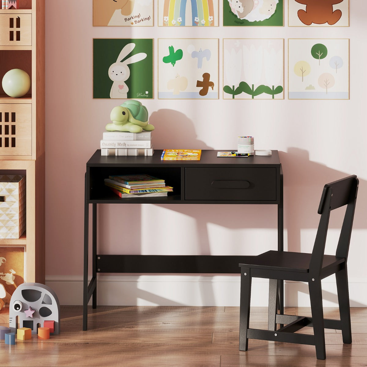 Kids Desk and Chair Set with Drawer and Pine Wood Legs-Black