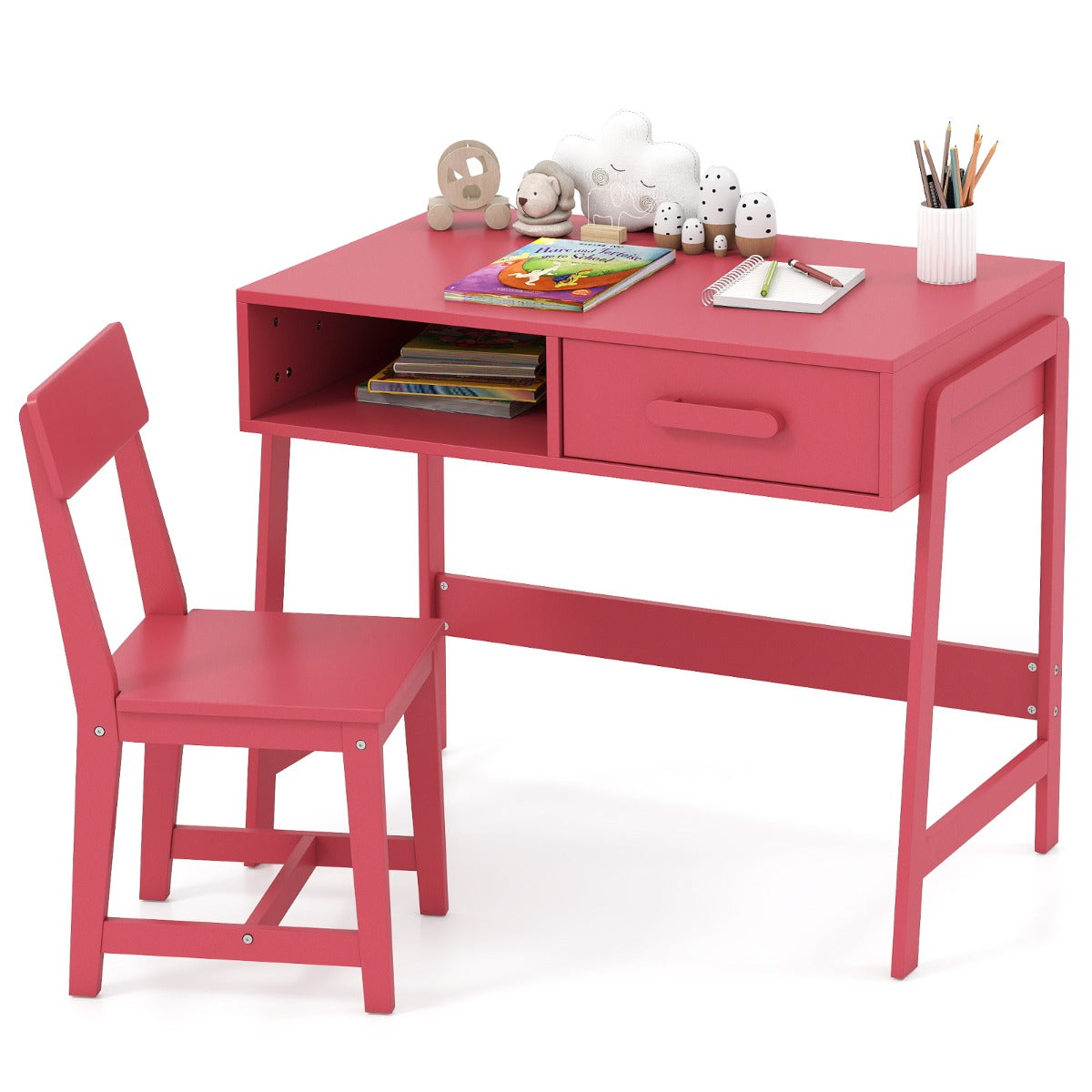 Kids Desk and Chair Set with Drawer and Pine Wood Legs-Pink