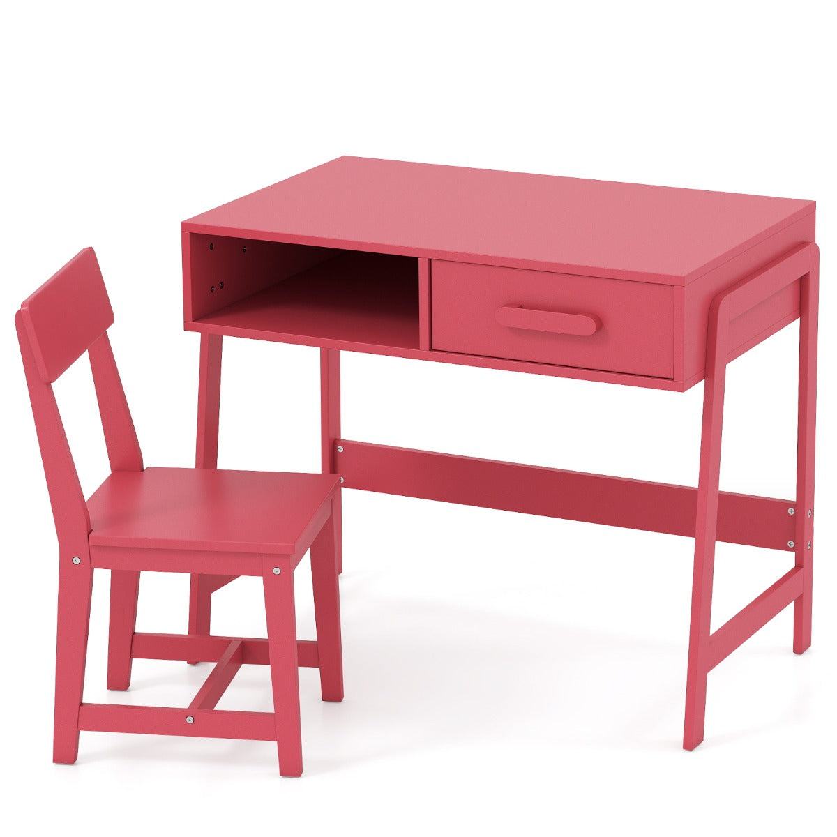 Kids Desk and Chair Set with Drawer and Pine Wood Legs-Pink