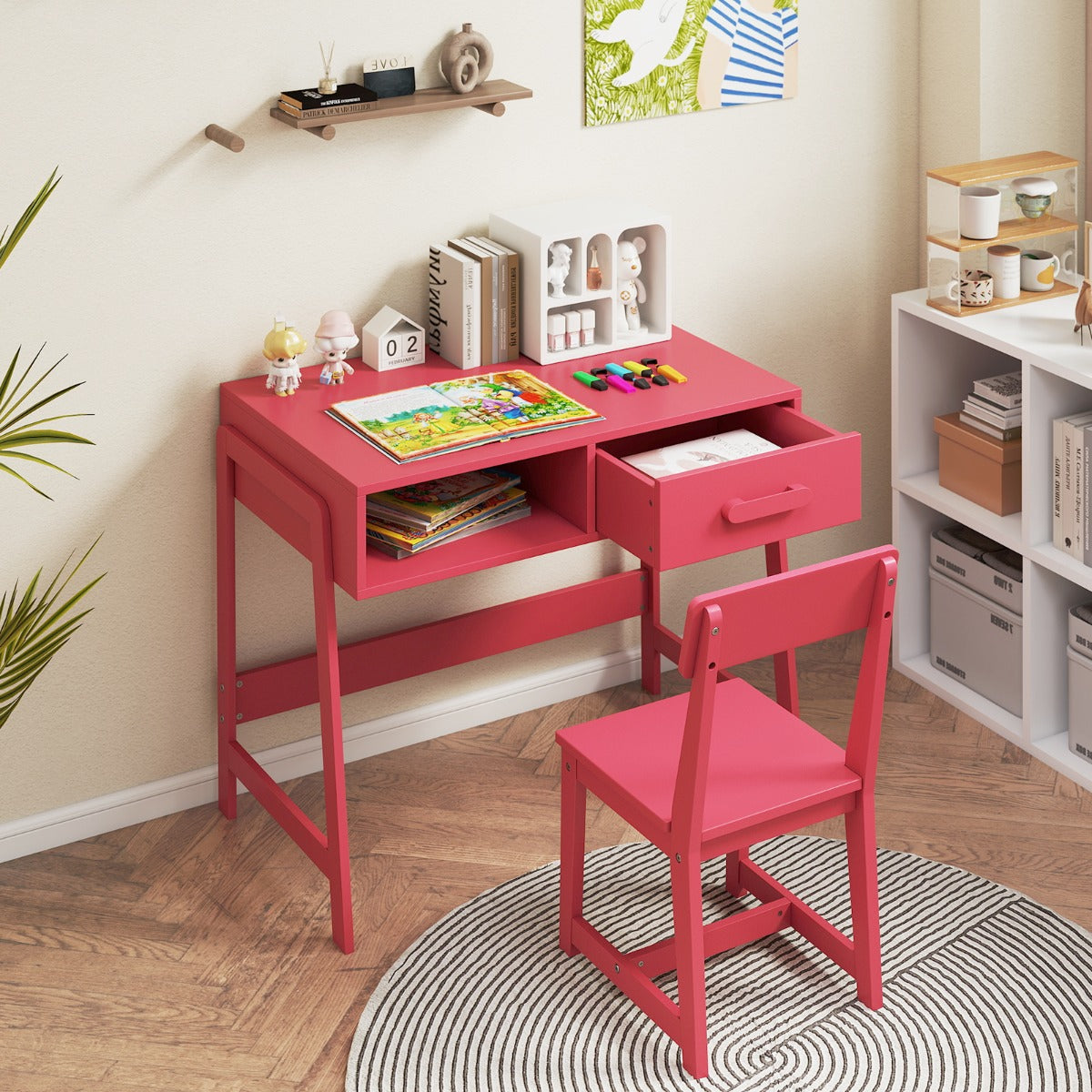 Kids Desk and Chair Set with Drawer and Pine Wood Legs-Pink