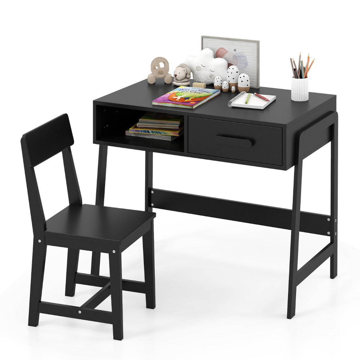 Kids Desk and Chair Set with Drawer and Pine Wood Legs-Black