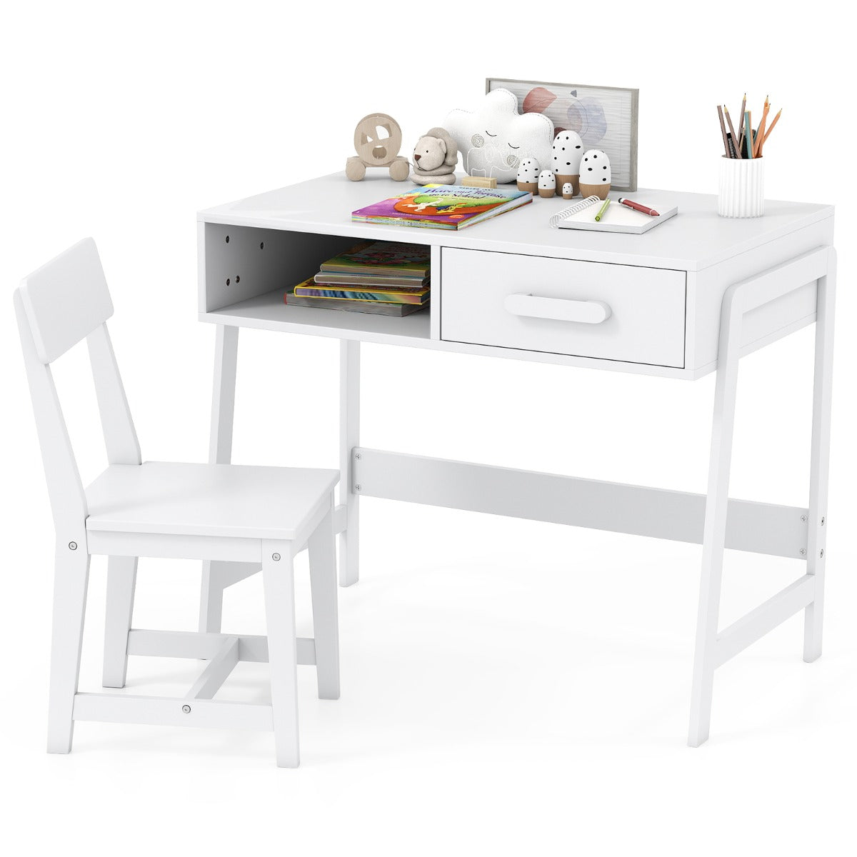 Kids Desk and Chair Set with Drawer and Pine Wood Legs-White