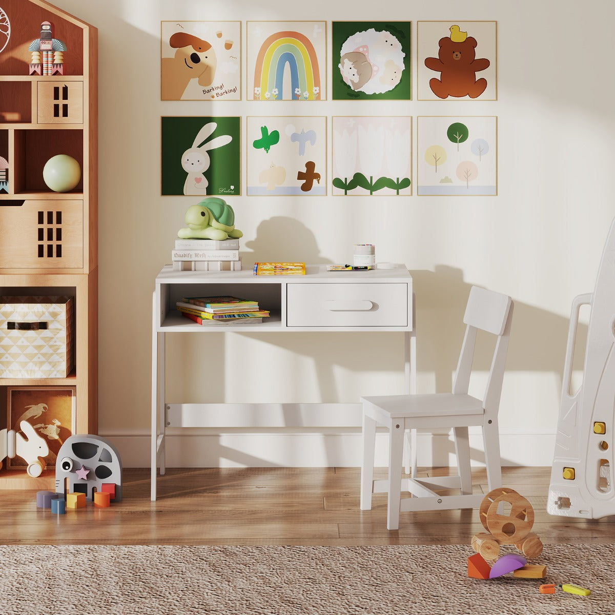 Kids Desk and Chair Set with Drawer and Pine Wood Legs-White