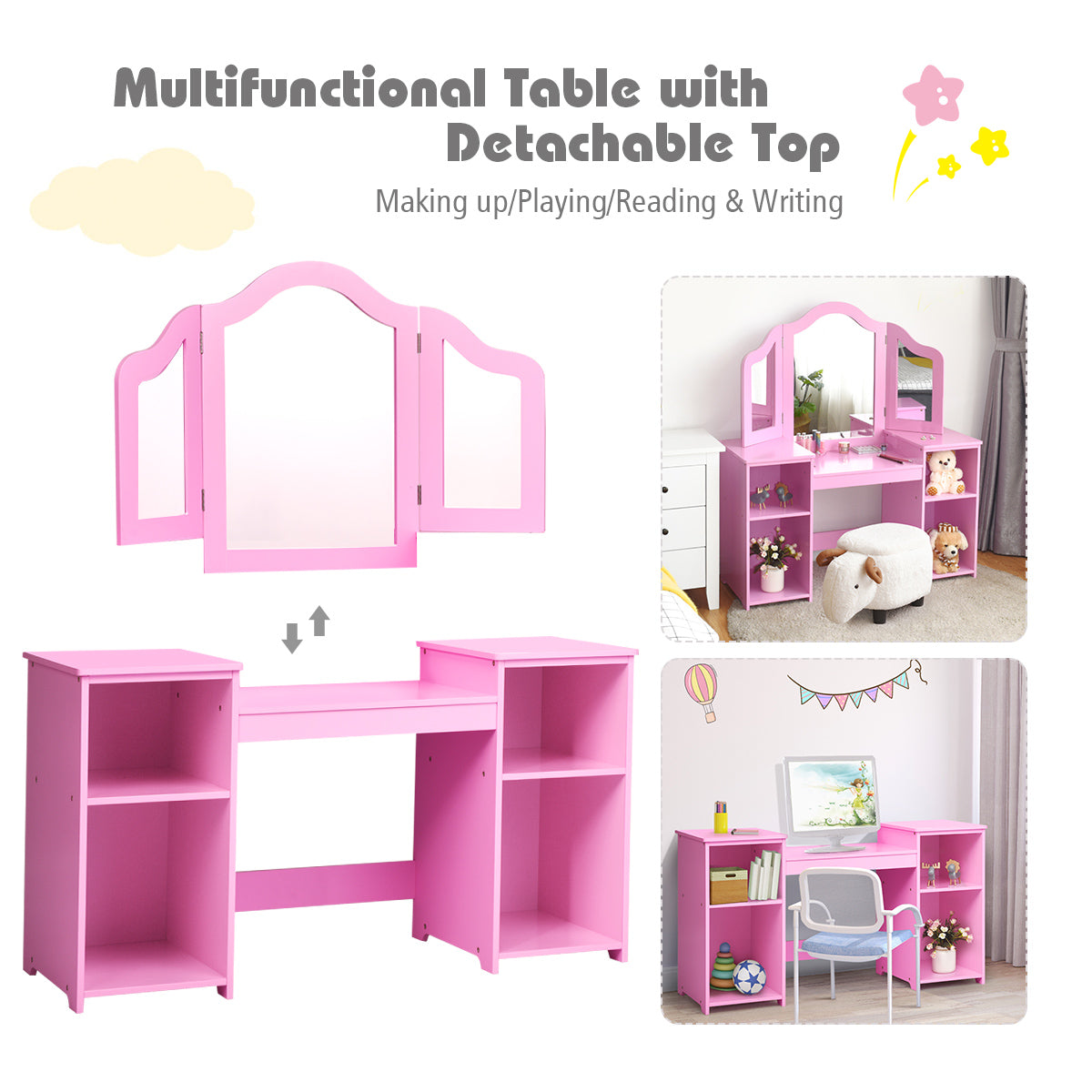 Kids Dressing Table with Foldable and Removable Mirror and Storage Shelf-Pink