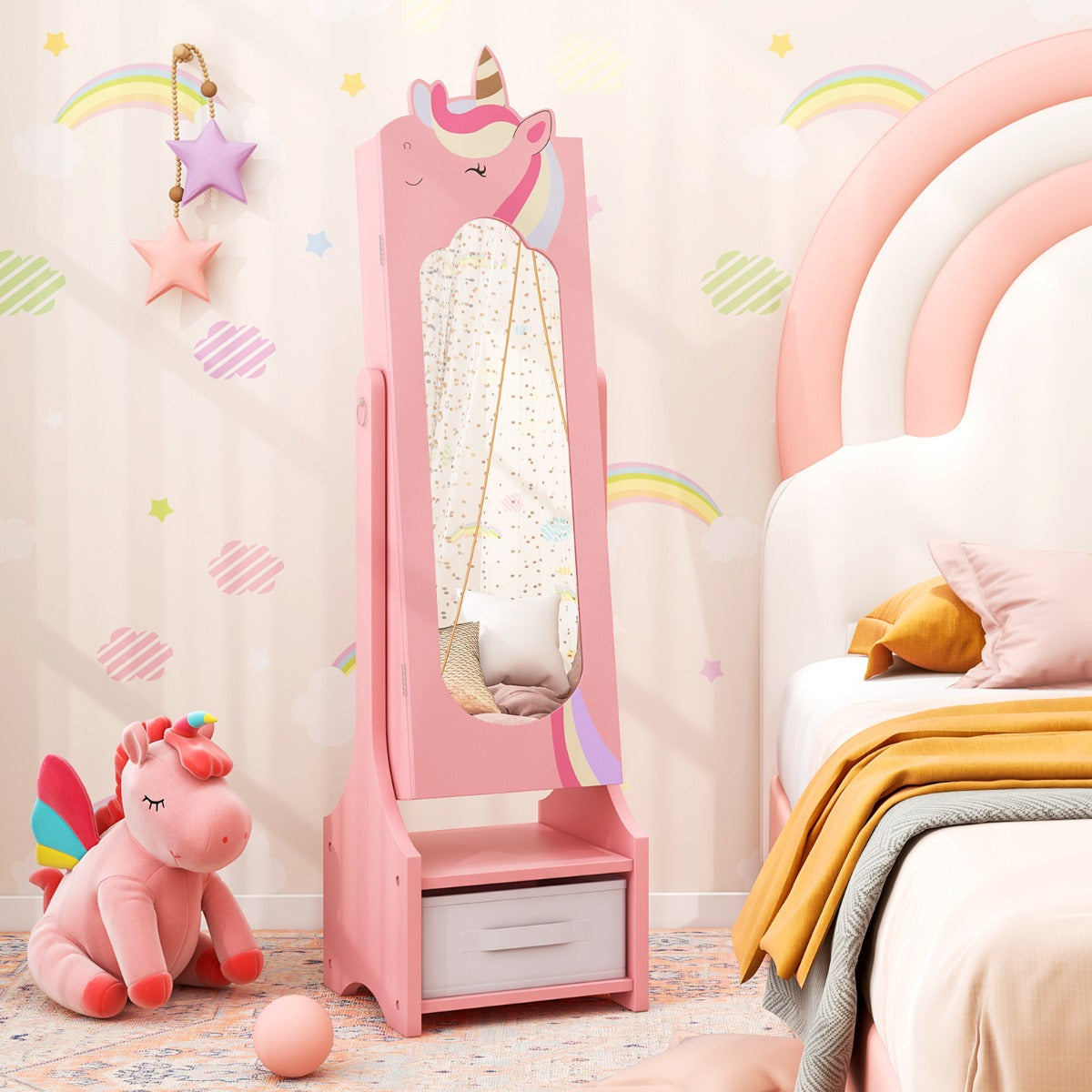 Kids Jewelry Armoire Cabinet Full Length Mirror with Tilt Angles-Pink