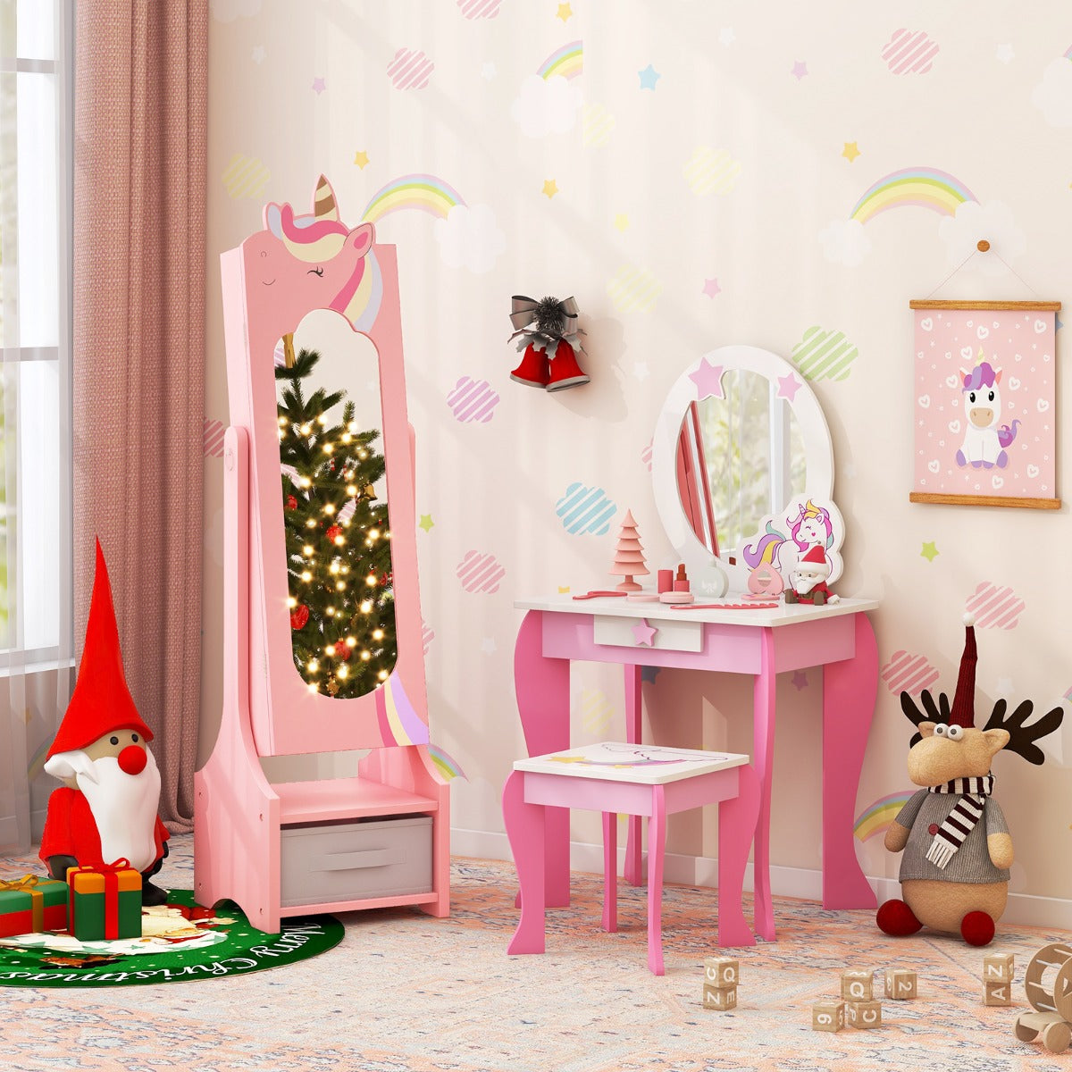 Kids Jewelry Armoire Cabinet Full Length Mirror with Tilt Angles-Pink