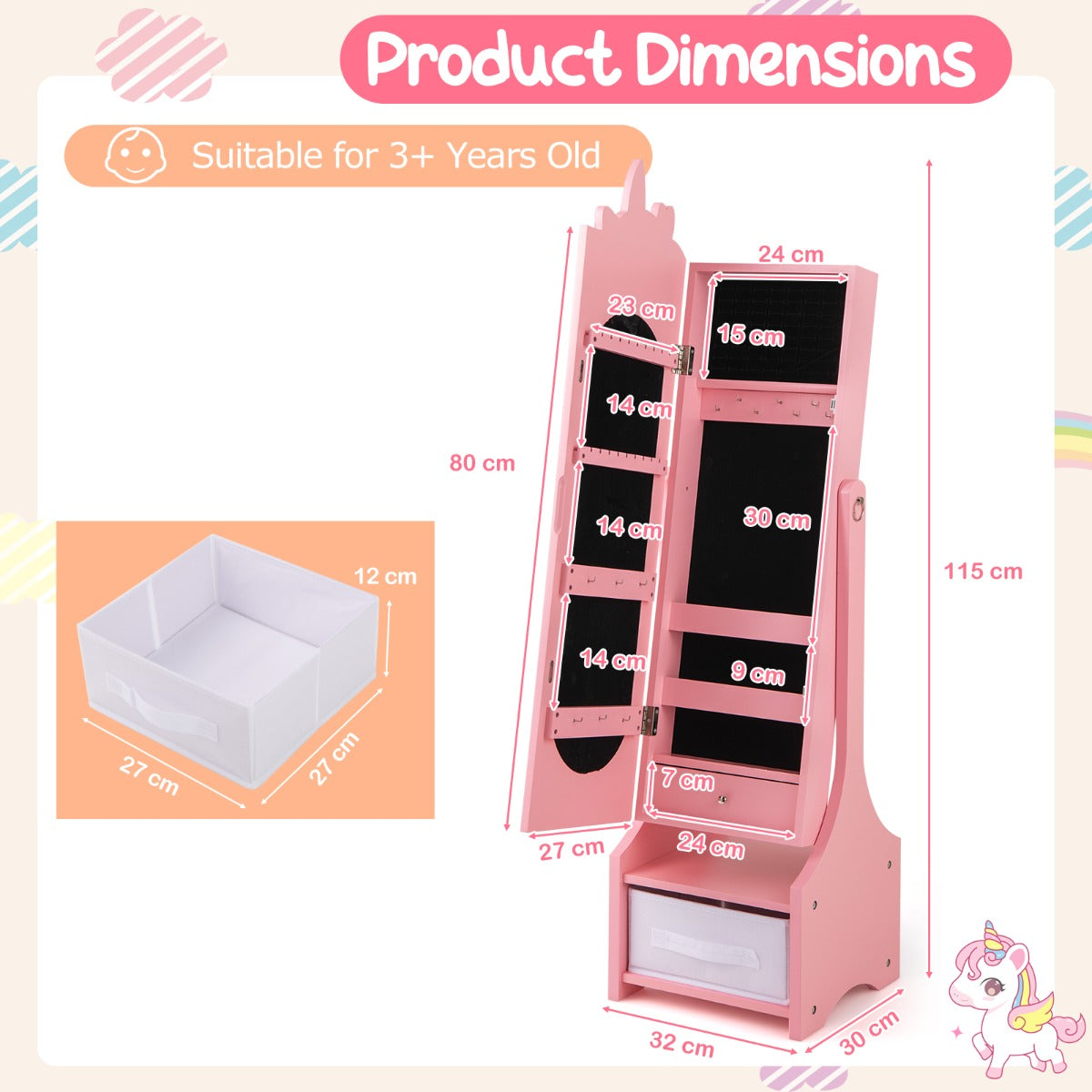 Kids Jewelry Armoire Cabinet Full Length Mirror with Tilt Angles-Pink