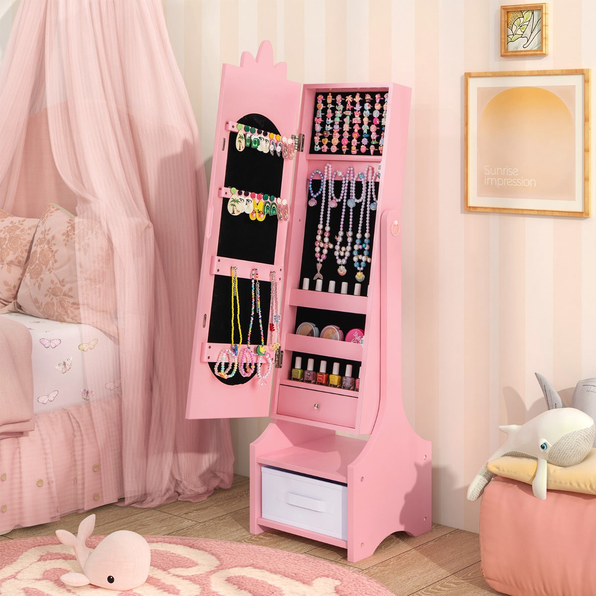 Kids Jewelry Cabinet with Full-Length Mirror and Foldable Drawer-Pink