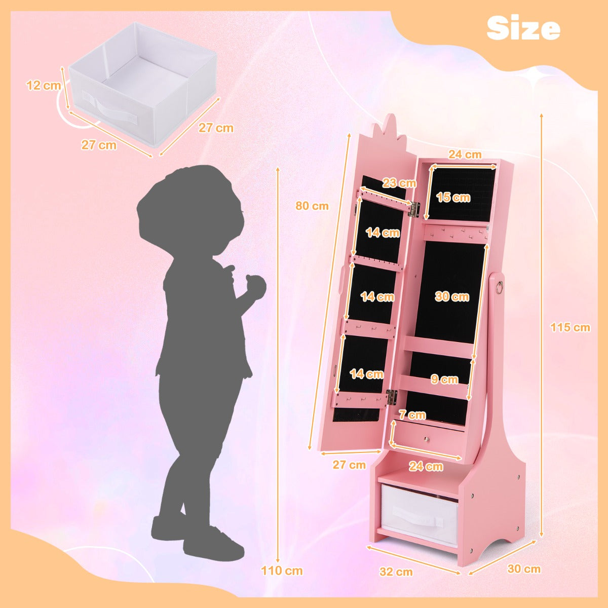Kids Jewelry Cabinet with Full-Length Mirror and Foldable Drawer-Pink