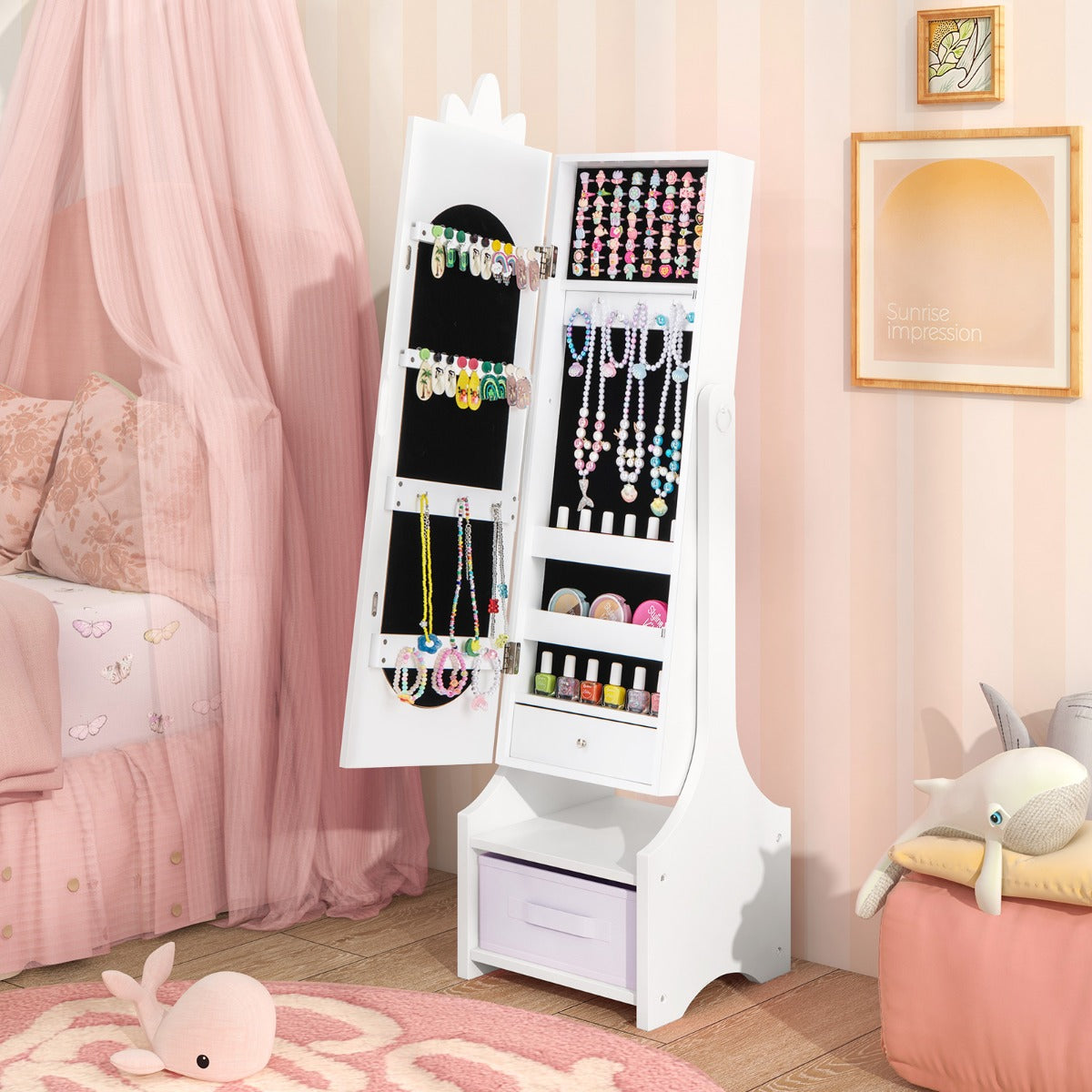 Kids Jewelry Cabinet with Full-Length Mirror and Foldable Drawer-White