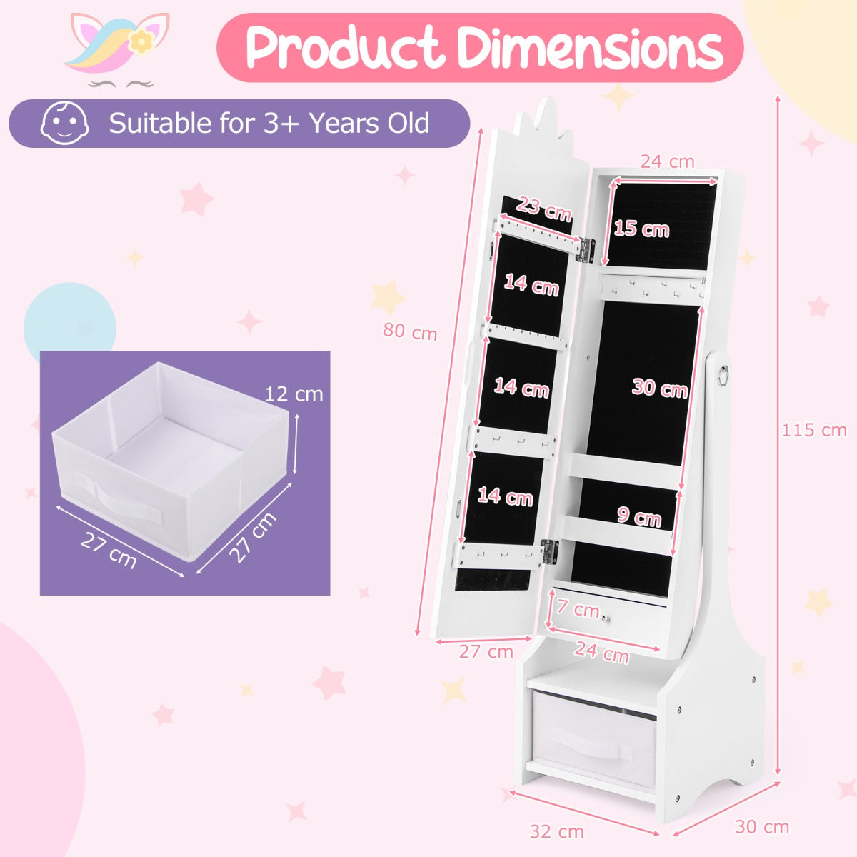 Kids Jewelry Cabinet with Full-Length Mirror and Foldable Drawer-White