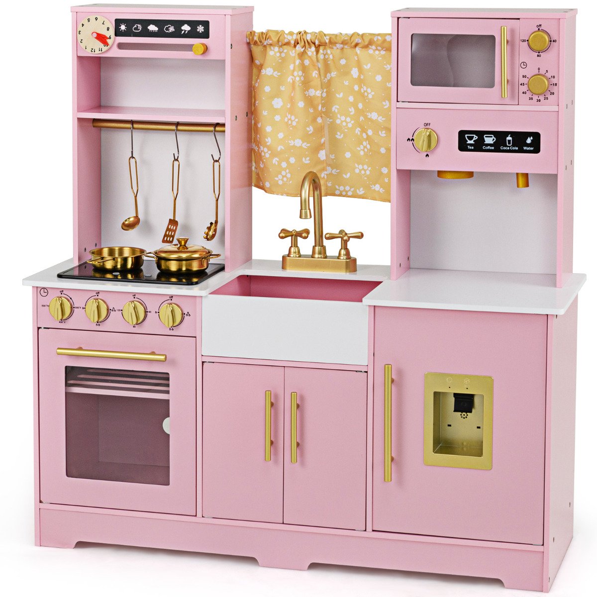 Kids Kitchen Playset with Coffee Maker and Stove Top and Golden Utensils-Pink
