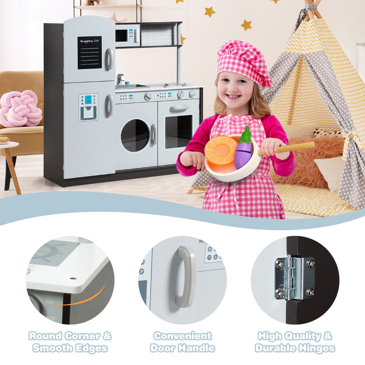 Kids Kitchen Set with Sink and Faucet, Stove, Oven and Microwave