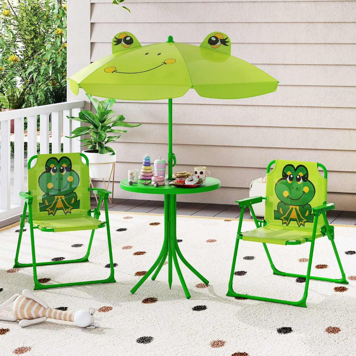 Kids Picnic Table and Chair Set with 2 Folding Chairs and Height Adjustable Umbrella-Green