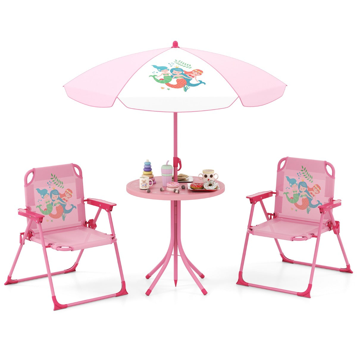 Kids Picnic Table and Chair Set with 2 Folding Chairs and Height Adjustable Umbrella-Pink