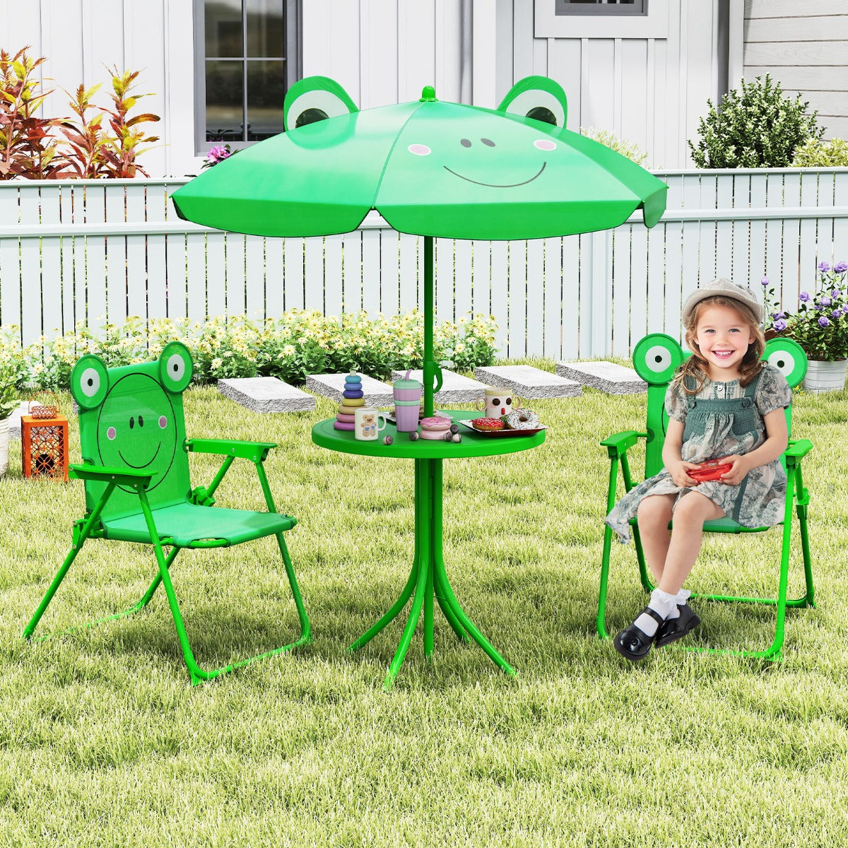 Kids Picnic Table and Chair Set with 2 Folding Chairs and Height Adjustable Umbrella-Dark Green
