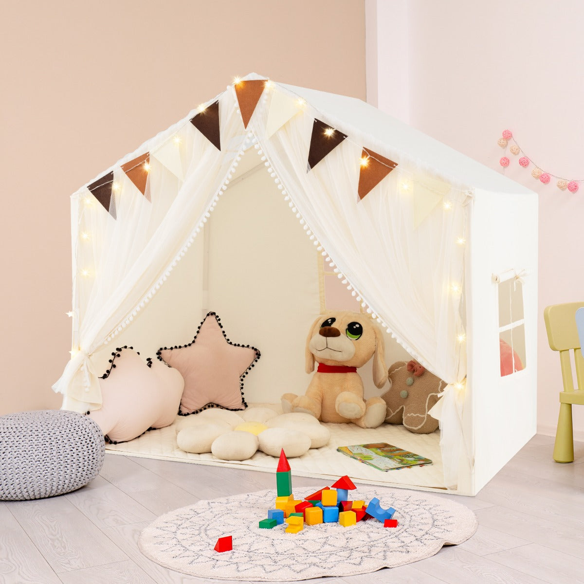 Kids Play Tent 3-4 Kids Large Play Tent House with Fabric and Screen Curtains-Beige