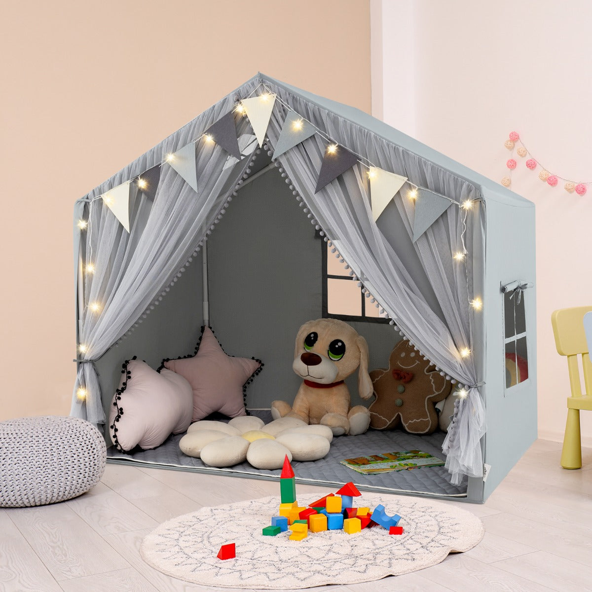 Kids Play Tent 3-4 Kids Large Play Tent House with Fabric and Screen Curtains-Grey