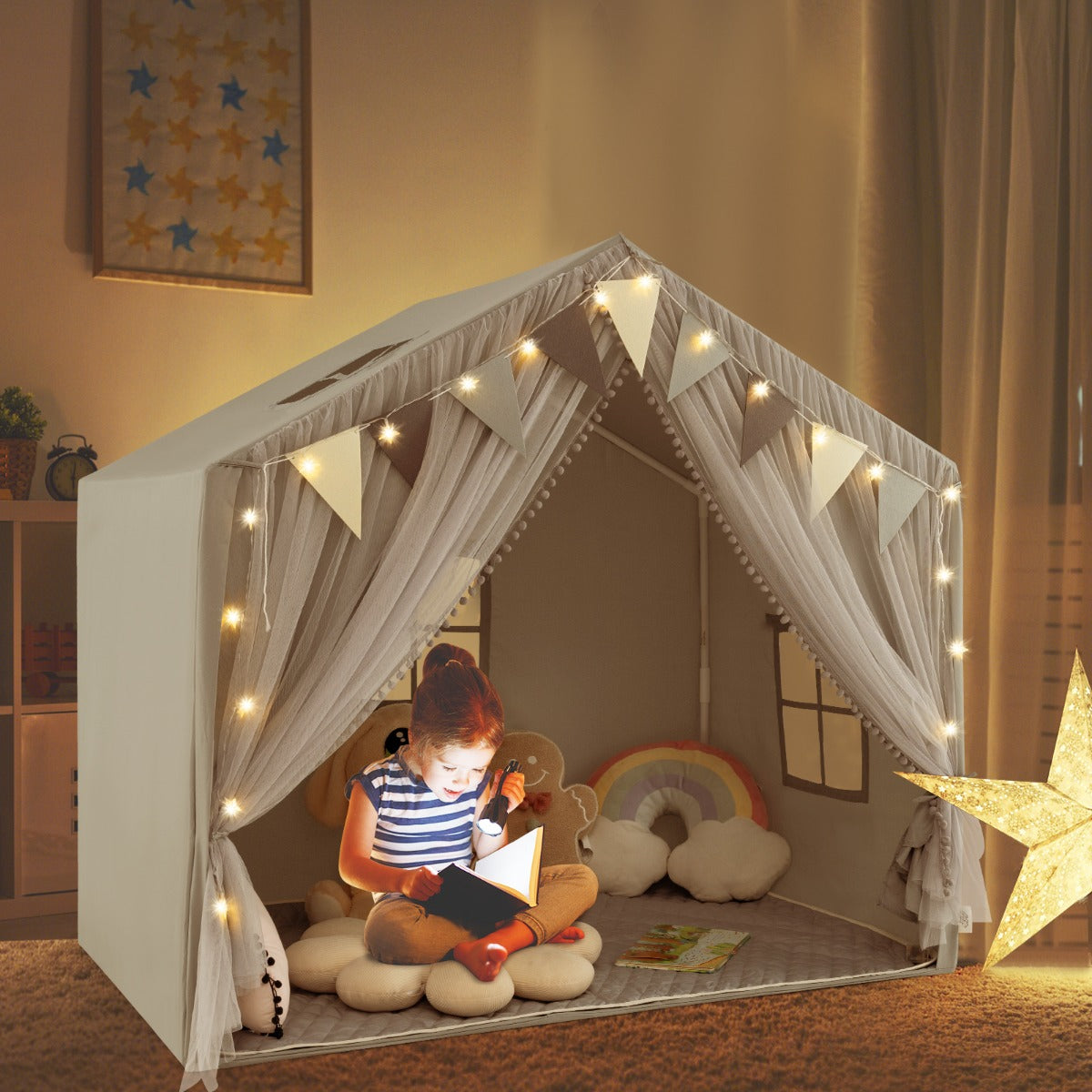 Kids Play Tent 3-4 Kids Large Play Tent House with Fabric and Screen Curtains-Grey