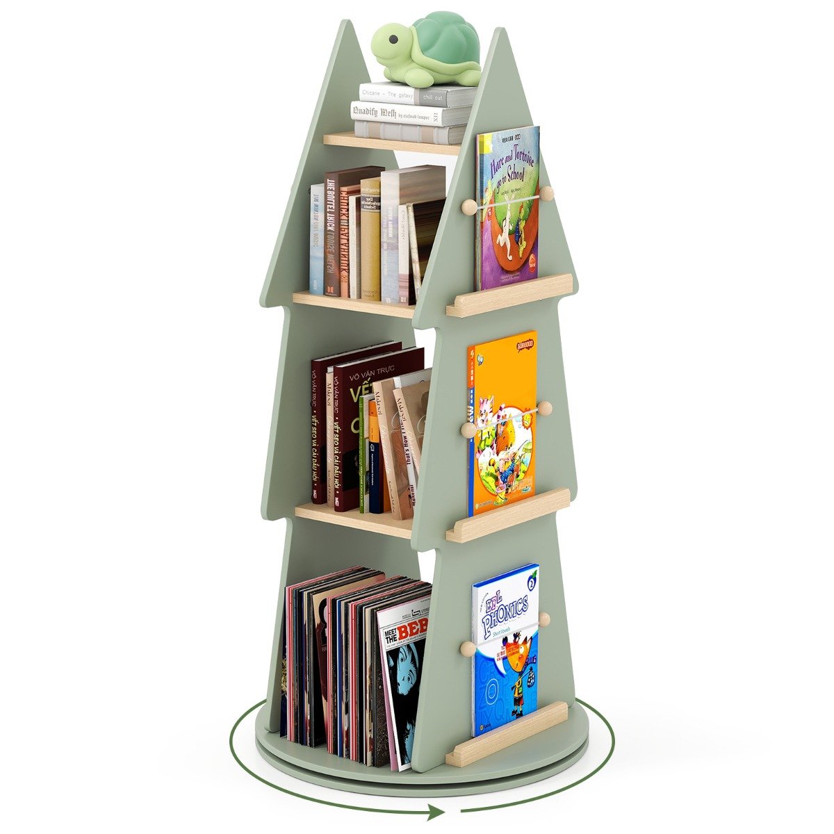 4 Tier Tree Shape Revolving Bookcase for Kids Room Bedroom Playroom-Green