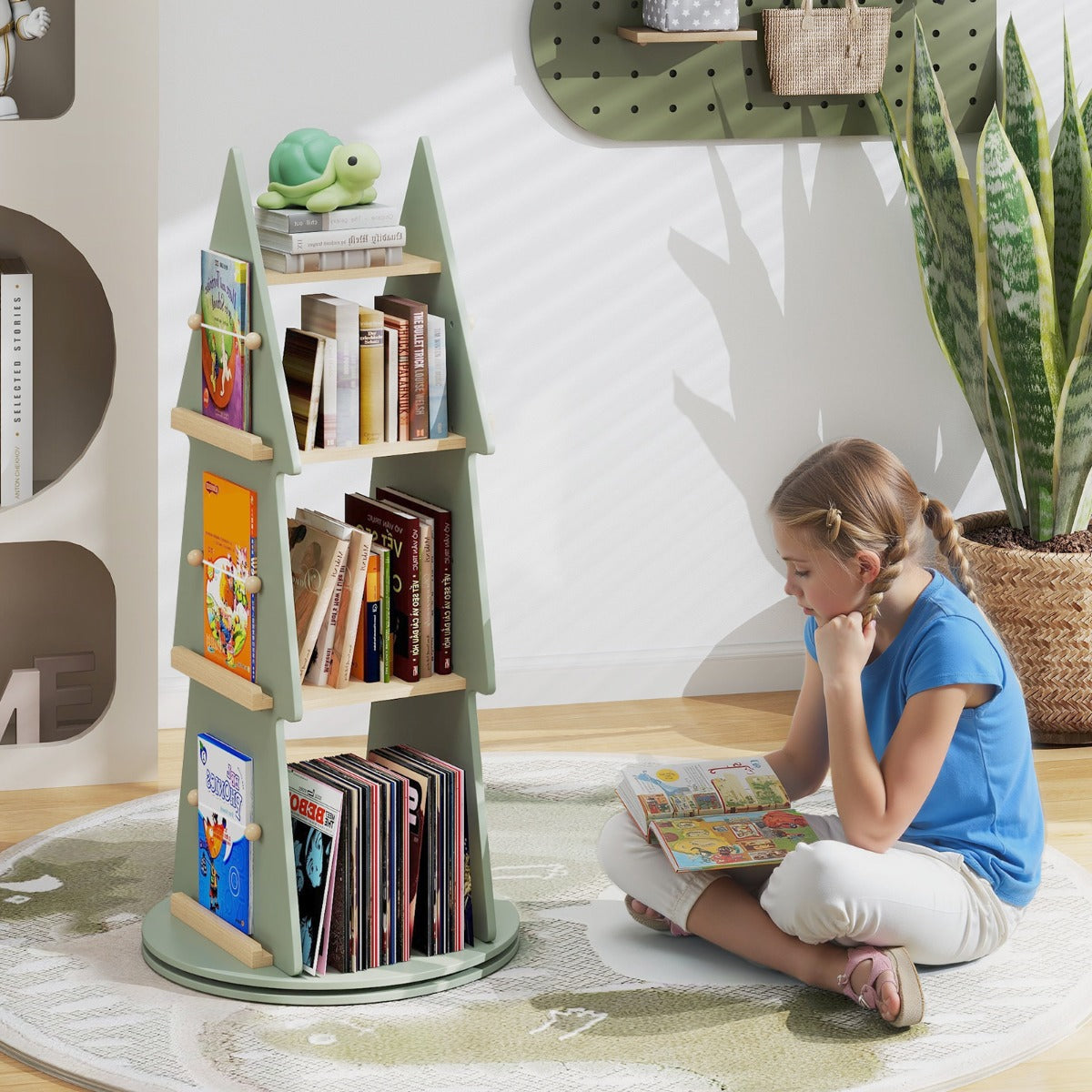 4 Tier Tree Shape Revolving Bookcase for Kids Room Bedroom Playroom-Green