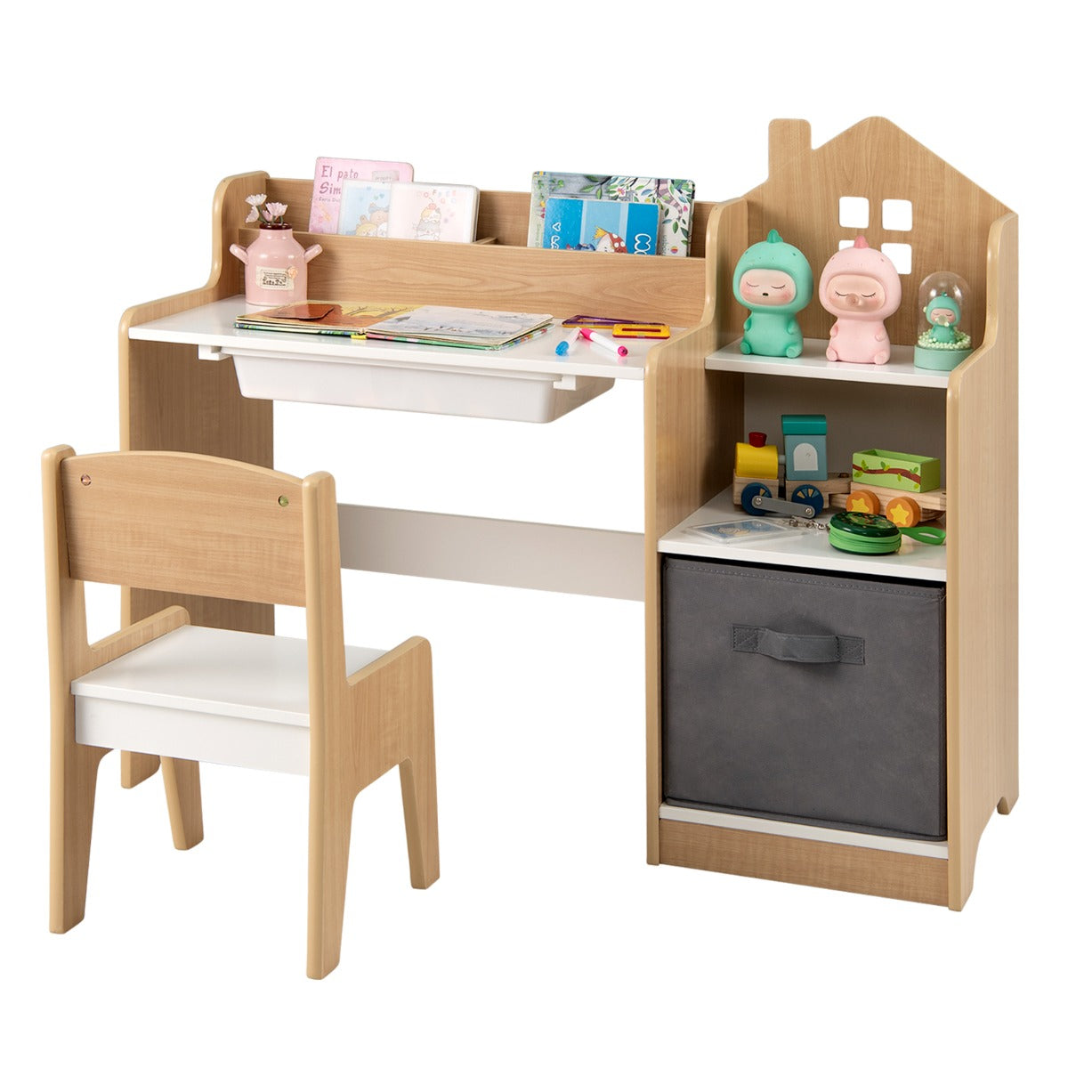 Kids Study Desk and Chair Set Children Study Table with Open Shelves-Natural