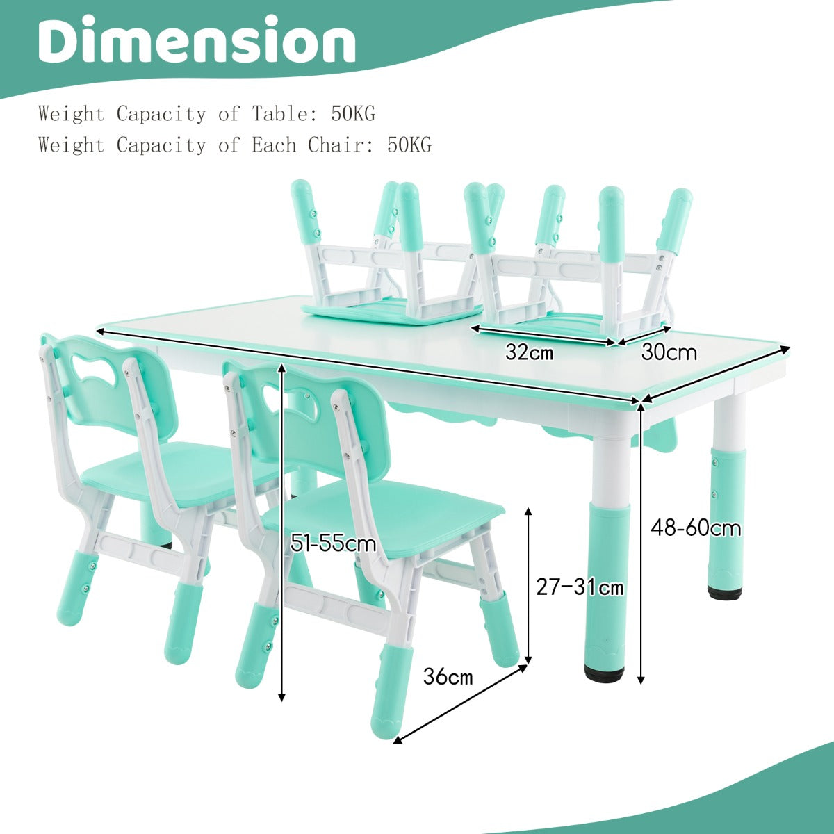 Kids Table and 4 Chairs Set with Graffiti Desktop for Home Daycare School-Green